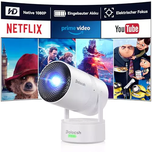 Polocsh Beamer, Mini Beamer mit Akku, WiFi und Bluetooth 1080P Outdoor Beamer 4K Support