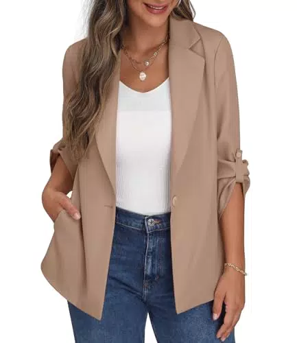 PrinStory Blazer Für Damen Verstellbare Ärmel Longblazer Geschäft Büro Blazer Anzug Sportlich Jack Trenchcoat
