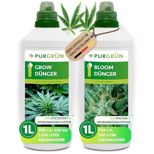 Purgrün Cannabis-Dünger-Set 2 x 1 Liter Schnell wirksame mineralische Rezeptur Vollspektrum-Nährstoffe für Wachstum & Blüte Flüssigdünger Indoor & Outdoor Für Autoflower
