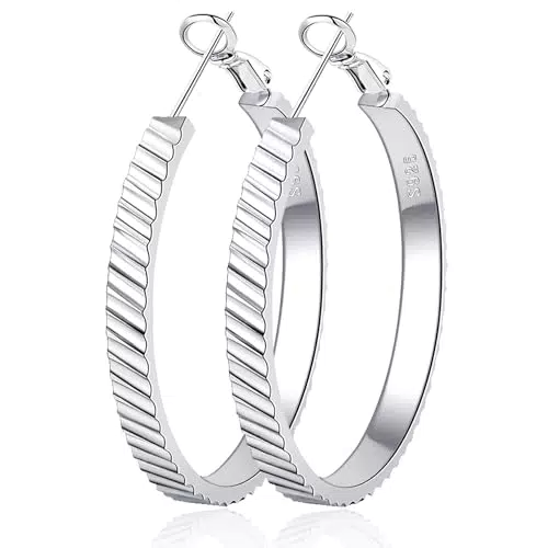 RANKEEF Creolen Silber Groß Gestreift Silbercreolen 925 Damen Minimalistisch Silber Breit Creolen Groß Hypoallergener Stecker Aus Sterlingsilber Chunky Ohrringe