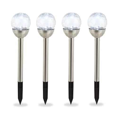 Relaxdays Gartenleuchte Glaskugel im 4er Set, wasserdichte LED Solarleuchten in Bruchglas Optik