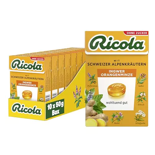 Ricola Ingwer Orangenminze, 10 Böxli Original Schweizer Kräuter-Bonbons mit 13 Alpenkräutern & erfrischendem Ingwer