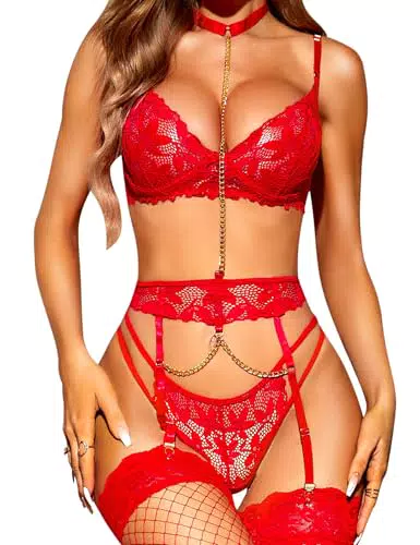 RSLOVE Damen Dessous Set Spitzenunterwäsche mit Strapsen und G-String