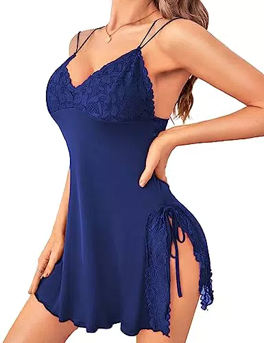 RSLOVE Sexy Dessous Nachtwäsche für Damen - Babydoll Unterwäsche Kleid Reizwäsche Navy Blau
