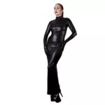 Rubberfashion Leder Abend Kleid lang - Langes Damenkleid Langarm für Damen ohne angearbeitete Handschuhe Kunstleder schwarz X