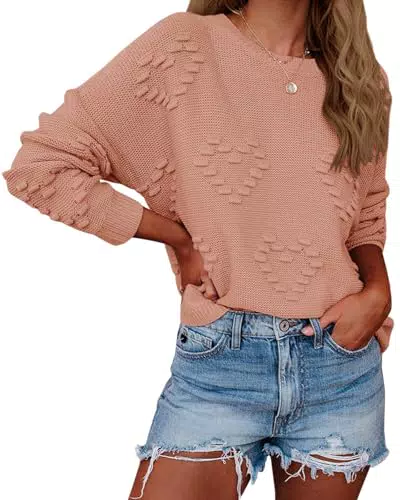 Saodimallsu Damen Herz Strickmuster Valentine Pullover Oversized Rundhalsausschnitt Strickpullover Einfarbig Tops Elegant Oberteile Nackt Rosa Groß