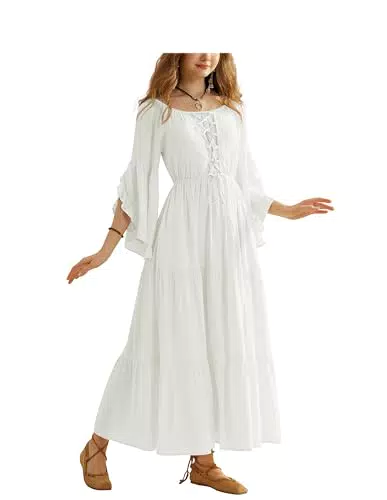 SCARLET DARKNESS Damen Renaissance Kleid Langarm Schulterfrei Lace-up Casual Maxi Kleider Weiß