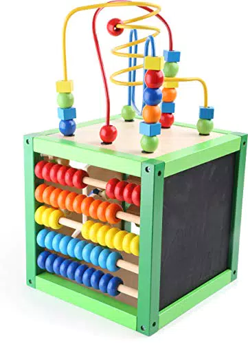 small Foot Motorikwürfel „Frühling“ aus Holz, Babyspielzeug mit Vier Spielflächen und Motorikschleifen