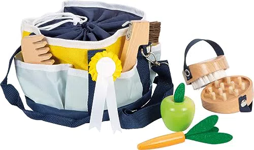 small foot Spielzeug Pferdepflege-Set mit Tasche, kindgerechte Utensilien aus Holz