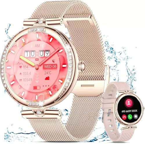 Smartwatch Damen mit Telefonfunktion 1.19" AMOLED Touchscreen IP68 Diamond Smart Watch mit 24H Pulsuhr Menstruationszyklus 120+ Sportmodi Schrittzähler Kalorien Fitness Tracker iOS Android
