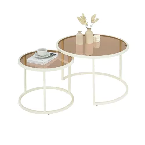Soayone Wohnzimmertisch Glas, Couchtisch Weiß mit Braunes Glas