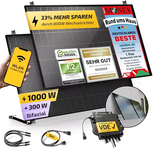 Solakon® Balkonkraftwerk 1000W Komplettset mit 800W Wechselrichter und Zubehör