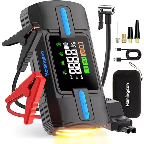 Starthilfe Powerbank mit 160PSI Kompressor 3000A Spitzenstrom Starter Powerbank für 12V Jump Starter Starthilfe mit Digitale Anzeige und LED Taschenlampe