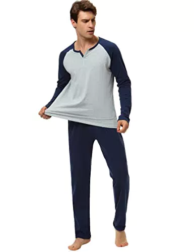 Sumeyuyu Herren Schlafanzug Lang Baumwolle Zweiteiliger Pyjama Set Langarm mit Tasche Winter Nachtwäsche Hausanzug