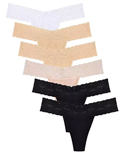 Sunm Boutique 6er-Pack Damen Baumwolle Spitze Tanga Niedrige Taille Spitze Strings String Tanga Ice Silk Spitze Unterwäsche Bequem Unterkleidung
