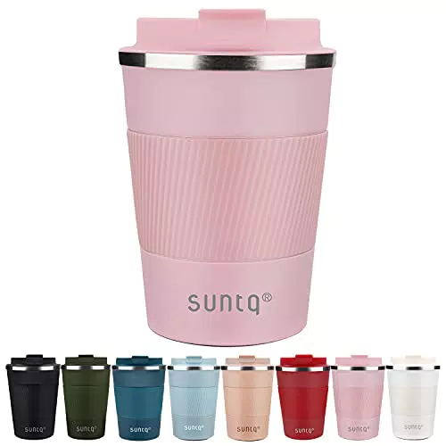 SUNTQ Kaffeebecher to go Thermo aus Edelstahl - Thermobecher mit Gummierte Manschette Doppelwand Isoliert - Kaffeetasse mit Auslaufsicherem Deckel Wiederverwendbar