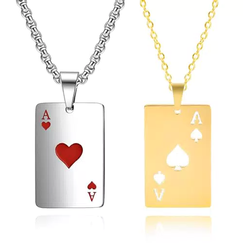 Svitzoot 2 Stk. Poker Kette 50cm Goldenes Pik-Ass und 70cm Silbernes Herz-Ass Edelstahl Halskette Spielkarte Anhänger Unisex Hip Pop Punk