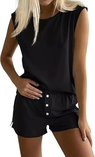 Tankaneo Damen Zweiteiler Sommer Outfits Einfarbig Hosenanzug Tank Top und Shorts Set Elastische Taille Sport Trainingsanzug Elegant Loungewear Set Schwarz