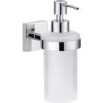 tesa EKKRO Seifenspender-Set, satiniertes Glas und verchromter Edelstahl - Flüssigseifenspender zur Wandbefestigung ohne Bohren
