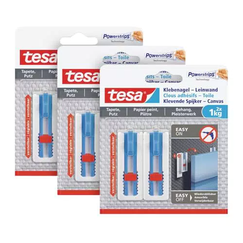 tesa Klebenagel Tapeten & Putz 1kg im 3er Pack - höhenverstellbar - selbstklebender Nagel - ideal für Leinwand & Keilrahmen - hält bis 1kg/Nagel - spurlos ablösbar