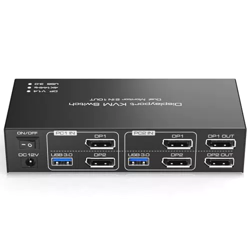 TJCXELE 4K144Hz Displayport KVM Switch 2 PC 2 Monitore USB 3.0 KVM Switch für Zwei PC Teilen Sie Dual Monitor und 4 USB Geräte Support Extended/Copy Mode With Desktop Controller