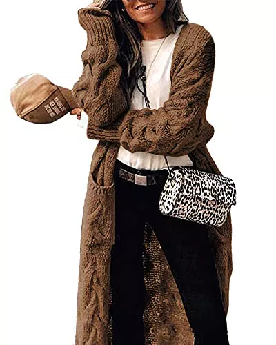 Tongmingyun Strickjacke Damen Lang Cardigan Grobstrick Langärmelige Strickmantel Damen Warm Elegant Open Front Sweater Winter Braun