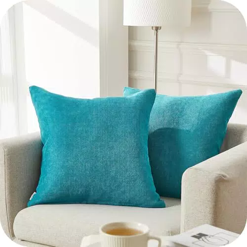 Topfinel Kissenbezug 45x45 cm 2er Set Kissenhülle Türkis Flauschig Chenille Deko Wohnzimmer Sommer Kissenbezüge Hypoallergen Sofakissen Dekokissen Kuschelkissen Zierkissen Für Sofa Bett Garten