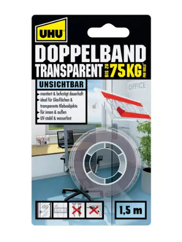 UHU Doppelband transparent, Extra starkes, transparentes doppelseitiges Montage-Klebeband