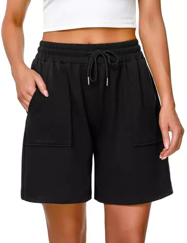 Uniexcosm Damen Sportshorts High Waist mit Taschen und Kordelzug für Fitness
