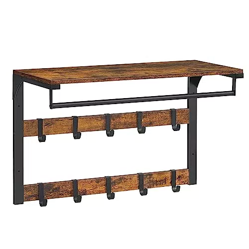 VASAGLE Wandgarderobe, mit Ablage, Wandregal mit 10 abnehmbaren Haken