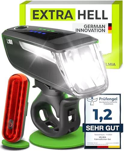 VELMIA Fahrradlichter Set StVZO zugelassen mit besonders starker Ausleuchtung und 8