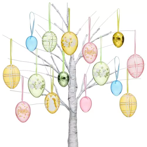 Victor's Workshop 26x Ostereier zum Aufhängen, farbige künstliche Ostereier mit schönen Mustern und Multi-Style für Osterdeko Osterstrauß Osterkörbchen Frühlingsdeko - transparente Ostereier