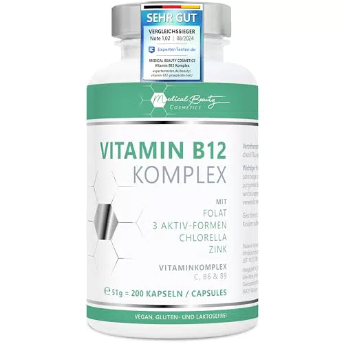 Vitamin B12 Komplex + 600μg Folsäure + B6 + B9 + C - mit Chlorella - 200 vegane Vitamin B12 Kapseln hochdosiert - bei Vitamin B Mangel - ohne Zusätze in DE hergestellt