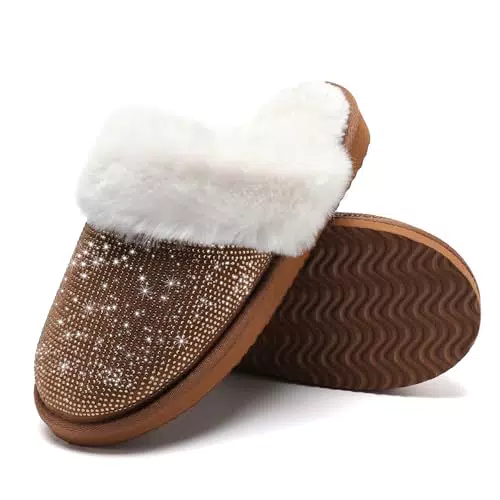 Waysoland Hausschuhe Damen, Warme Damen Hausschuhe mit Strasssteinen Memory Foam rutschfest Kunstfell bequeme Winter Pantoffeln Damen Drinnen Draußen