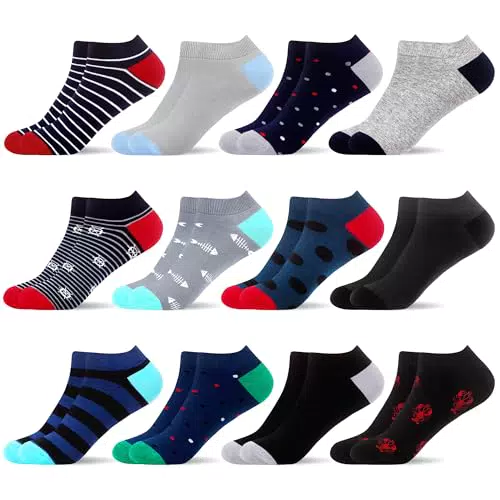 WeciBor Lustige Bunt Herren Sneaker Kurze Socken, 12 Paar Mehrfarbig Gestreift Gepunktet Muster