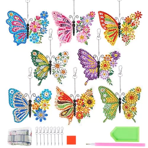 WEDNOK 8 Stück Schmetterling Diamant Malerei Bastelset Kinder Blumen Sonnenfänger Anhänger Kristall Suncatcher Deko zum Basteln für Fenster Muttertag Mutter Frühling Sommer