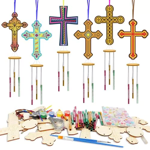 WEDNOK 9 Stück Kreuze Windspiel Bastelset Holz Ostern Basteln Bastelhandwerk zum Bemalen Holzkreuz zum Basteln Klangspiel Kreative Sets für Mädchen Jungen Osterszeit