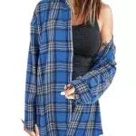 Wenrine Damen Karierte Bluse Langarm V-Ausschnitt Hemd Button Down Hemdjacke Flanell