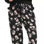 Wikoan Damen Pyjama Set Lang Schlafanzug Warm Zweiteiler Lounge Set V-Ausschnitt Loungewear Set Nachtwäsche Sleepwear A-Schwarz/Blume Hosen