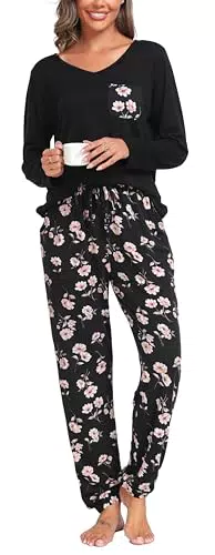 Wikoan Damen Pyjama Set Lang Schlafanzug Warm Zweiteiler Lounge Set V-Ausschnitt Loungewear Set Nachtwäsche Sleepwear A-Schwarz/Blume Hosen