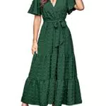 Yageshark Sommerkleid Damen Lang Boho Kurzarm mit Rüschen Wickel V Ausschnitt Strandkleid mit Gürtel Einfarbig Maxikleid 2023