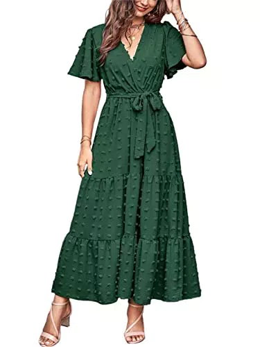 Yageshark Sommerkleid Damen Lang Boho Kurzarm mit Rüschen Wickel V Ausschnitt Strandkleid mit Gürtel Einfarbig Maxikleid 2023
