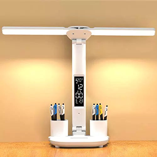 YNDD 7W LED Schreibtischlampe Kinder, Dimmbare Akku Schreibtischleuchte Kabellos mit Uhr/Stifthalter/LCD Display/Kalender/Temperatur