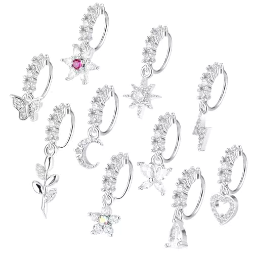 Yolev 10 Stück Nasenring Septum Piercing Ring Sliber Zirkonia Nase Ring mit Anhänger Helix Piercings Damen Nasenpiercing Ring mit Schmetterling Herz Stern Mond Anhänger Set Sliber