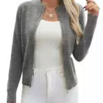 YUTILA Damen Stehkragen Strickjacke Kurz Cardigan Lässig Pullover mit Reißverschluss Eng Casual Einfarbig Freizeit Jacket
