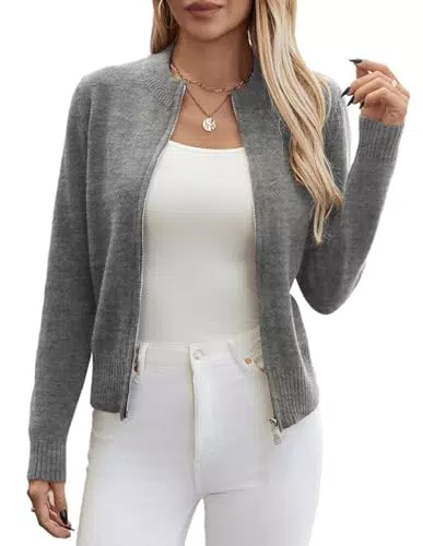 YUTILA Damen Stehkragen Strickjacke Kurz Cardigan Lässig Pullover mit Reißverschluss Eng Casual Einfarbig Freizeit Jacket