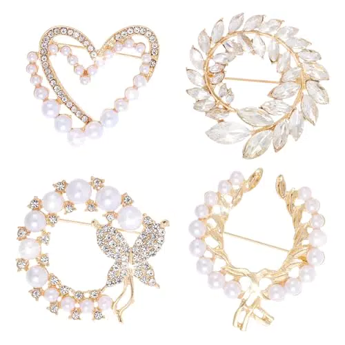YUXIANLB 4Er Set Broschen Für Damen Simulierte Strass-Perlen-Broschen Für Damen Modische Schalnadel Clip-Abzeichen Corsage Broschen Und Pins Für Damen Elegante Blumenbrosche Hochzeitsbrosche