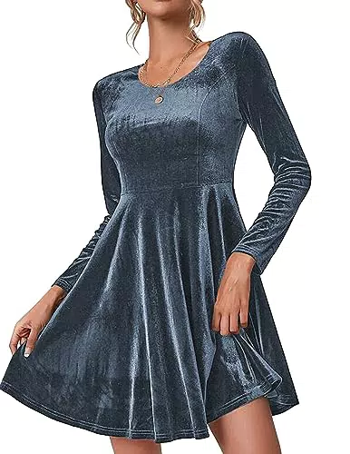 Zeagoo Weihnachtskleid Partykleid Damen Kleid Elegant Cocktailkleid Langarm Samtkleid Knielang Abendkleider Rundhals Kleider Bodycon Ballkleider Einfarbig Freizeitkleid Winterkleider Dunkelgrau