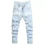 Zewool Herren leichte Slim Fit Stretch Ripped Jeans Sommer Frühling Skinny Distressed Destroyed Denim-Hose Bleistiftjeans Leichte eng anliegende dünne Buchstaben-Print Y2K Hip Hop