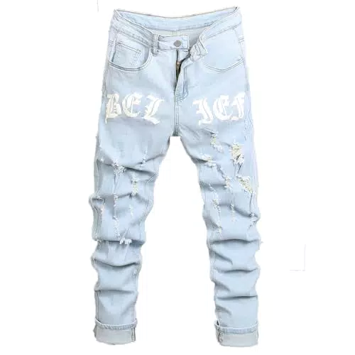 Zewool Herren leichte Slim Fit Stretch Ripped Jeans Sommer Frühling Skinny Distressed Destroyed Denim-Hose Bleistiftjeans Leichte eng anliegende dünne Buchstaben-Print Y2K Hip Hop